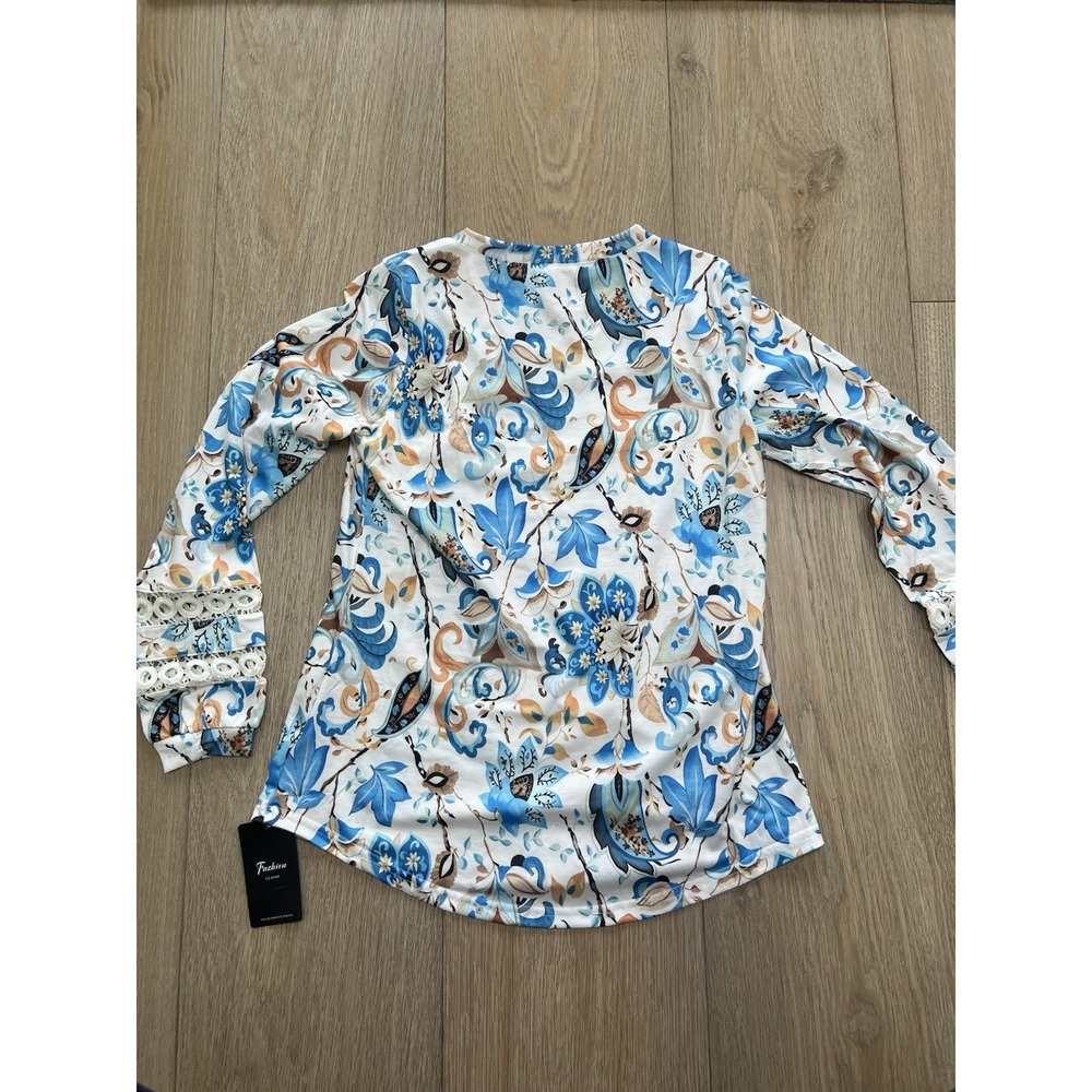 Long Sleeve Lace Floral Tops V Neck Blouse For Women Trendy Apricot Blue S - Picture 6 of 7